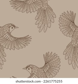 Seamless patterns. Beautiful flying birds. Textile background. Line graphics. 