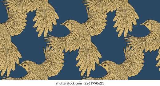 Seamless patterns. Beautiful flying birds. Textile background. Line graphics. 