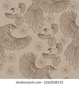 Seamless patterns. Beautiful flying birds. Textile background. Line graphics. 