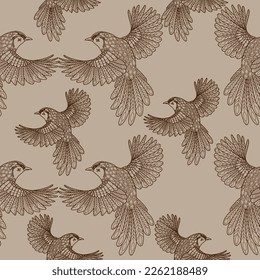 Seamless patterns. Beautiful flying birds. Textile background. Line graphics. 
