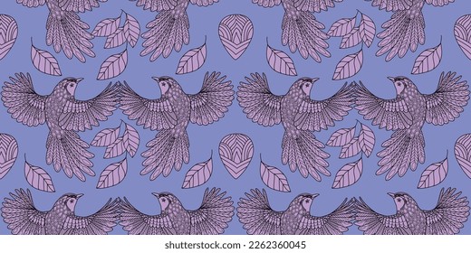 Nahtlose Muster. Schöne fliegende Vögel. Textiler Hintergrund. Zeilengrafiken. 