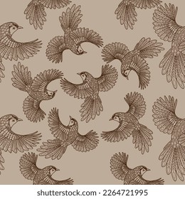 Seamless patterns. Beautiful flying birds. Textile background. Line graphics. 
