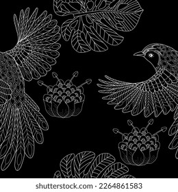 Seamless patterns. Beautiful flying birds. Textile background. Line graphics. 