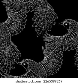 Patrones sin inconvenientes. Hermosos pájaros voladores. Fondo textil. Gráficos de línea. 