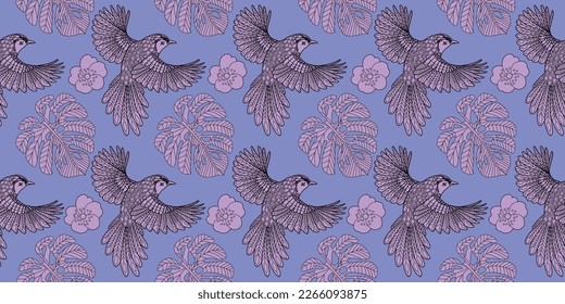Patrones sin inconvenientes. Hermosos pájaros voladores. Fondo textil. Gráficos de línea.