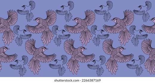 Seamless patterns. Beautiful flying birds. Textile background. Line graphics.