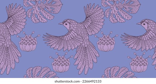 Seamless patterns. Beautiful flying birds. Textile background. Line graphics.