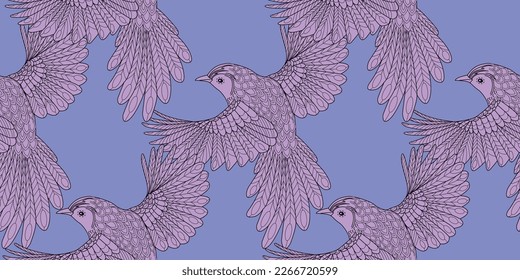 Seamless patterns. Beautiful flying birds. Textile background. Line graphics.