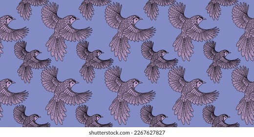 Seamless patterns. Beautiful flying birds. Textile background. Line graphics.