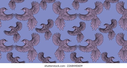 Patrones sin inconvenientes. Hermosos pájaros voladores. Fondo textil. Gráficos de línea.