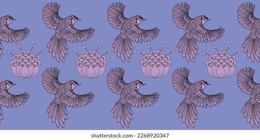 Seamless patterns. Beautiful flying birds. Textile background. Line graphics.