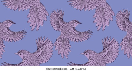 Seamless patterns. Beautiful flying birds. Textile background. Line graphics.