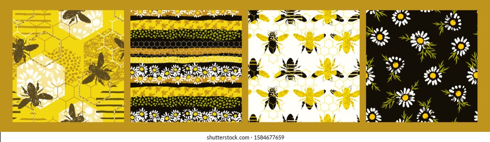 Seamless patterns with bee. Trendy hand drawn textures. Modern abstract honey design for paper, fabric, interior decor and other users.