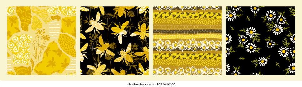 Seamless patterns with bee. Trendy hand drawn textures. Modern abstract honey design for paper, fabric, interior decor and other users.