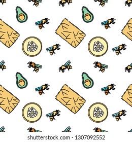 Seamless patterns with bees, bee-wax wrapping and fruit. Stationery and fabric print pattern.