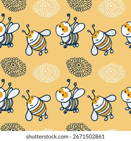 Nahtlose Muster mit Bienen und Blumen auf gelbem Hintergrund