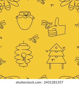 Seamless patterns with bees. Pattern for honey package. Linear ornamental background