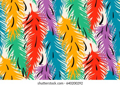 Seamless patterns of bird feathers. Colorful vector illustration. Pastel and bright colors.