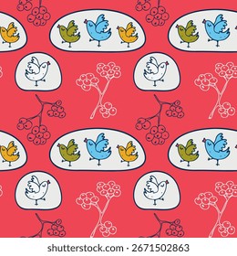 Patrones sin fisuras con pájaros y racimos de uvas sobre un fondo rojo