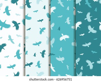Seamless patterns with birds. Color mint blue. Vector backgrounds