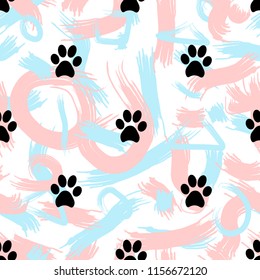 Seamless patterns with black animal footprints and abstract brush strokes. Vector illustration