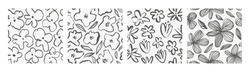 Seamless Patterns With Black Brush Flowers. Set Of Hand Drawn Monochrome Ornaments With Linear Flowers. Ink Drawing Wild Plants, Herbs Or Flowers. Abstarct Organic Background. Geunge Floral Elements