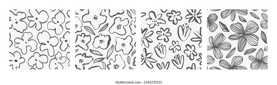 Seamless patterns with black brush flowers. Set of hand drawn monochrome ornaments with linear flowers. Ink drawing wild plants, herbs or flowers. Abstarct organic background. Geunge floral elements