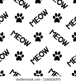 Seamless patterns with black cat footprints and words Meow. Vector illustration