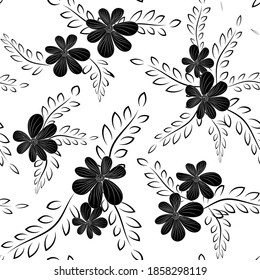 Patrones sin inconvenientes. Flores negras y pétalos elegantes sobre un fondo blanco. Ilustración vectorial interminable de contraste.