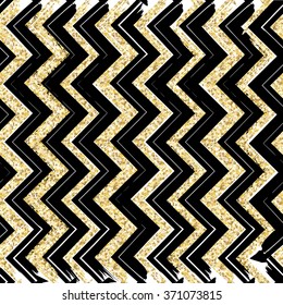 Seamless patterns with black, gold, zigzag lines.