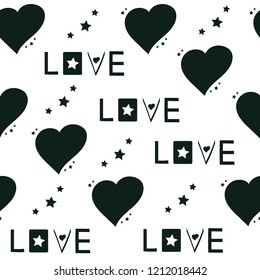 Seamless patterns with black hearts, stars and lettering "love". Seamless background with hearts, vector. Valentine's Day.