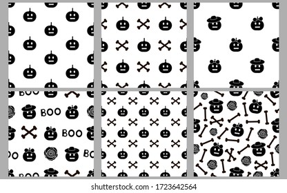 Seamless patterns with black pumpkins. Set. Vector illustration