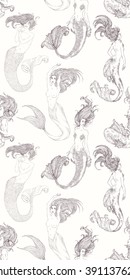 Seamless patterns with Black-and-white ink Sketches of mermaids. Hand drawn black and white sketches of singing mermaid with moray eel. Vector illustration. Silhouette collection.