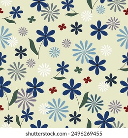 Seamless patterns blue floral pattern on a light background, giving a cool and soothing appearance, suitable for fabric designs or various decorative purposes.