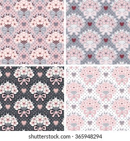 Seamless patterns with bouquets of flowers and hearts. Shabby chic style floral polka dot backgrounds set.