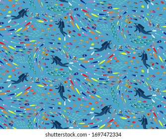 Seamless patterns with boys scuba divers and tropical fish. Divers in wetsuits, flippers swimming under water. blue background.