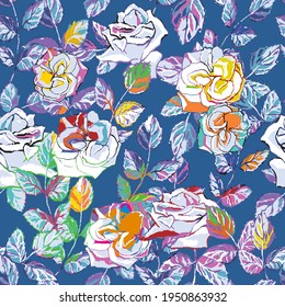 Seamless patterns. Bright contrasting colors. Beautiful roses and leaves. The background color is blue. Floral elements with shades of yellow, burgundy, etc. Endless vector illustration for print.