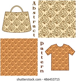 Seamless Patterns, Brown Outline Pictogram Cones of Coniferous Tree on Abstract Background, Elements for Your Design, Prints and Banners, For the Example Presented in a Female Top and a Bag. Vector