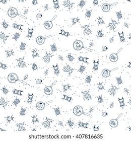 Seamless patterns with bugs and loupes. Little explorer. Vector illustration