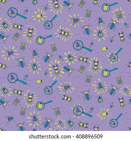 Seamless patterns with bugs and loupes. Little explorer. Vector illustration