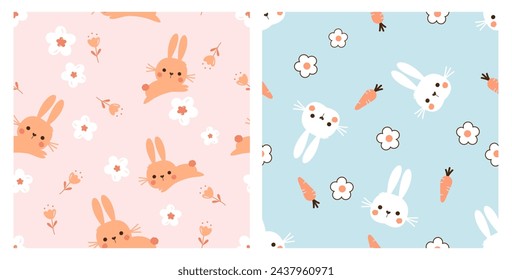 Patrones sin fisuras con dibujos animados de conejo conejito, flor linda, tulipán y zanahoria en fondos rosas y azules vector.  Lindo estampado infantil.