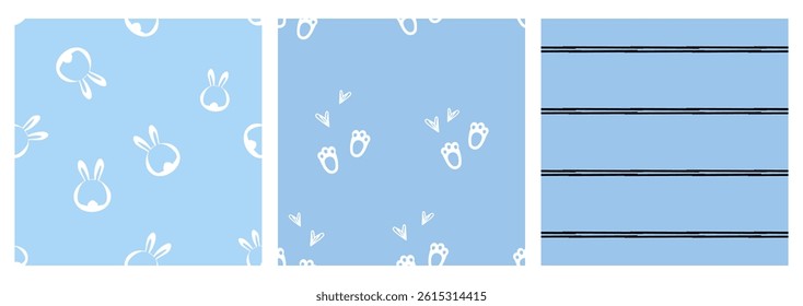 Seamless patterns with bunny rabbit cartoons, foot print, hand drawn hearts and stripe line on blue backgrounds vector. Cute childish print.