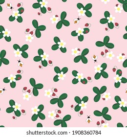 Seamless patterns. Bushes of ripe strawberries and bees. Berries, flowers, leaves. Endless pattern for candy, tea, juice packaging, farm product decoration and design, textiles, wrapping paper. Vector