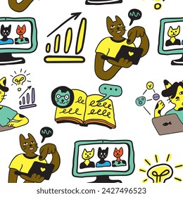 seamless patterns with business icons in vector in flat style. illustration of human cats character. Template for backdrop, background, banner, wallpaper, wrapping, print, textile, fabric