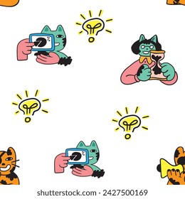 patrones sin fisuras con iconos de negocios en vector en estilo plano. ilustración del personaje de los gatos humanos. Plantilla para fondo, fondo, banner, papel pintado, envoltura, impresión, textil, tela