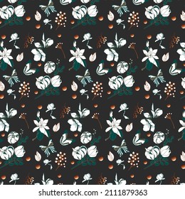 Seamless patterns with butterflies and blue and red flowers om the dark grey background