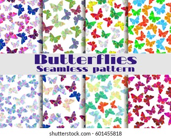 Seamless patterns with butterflies. Set of backgrounds with polygonal butterflies. Vector illustration