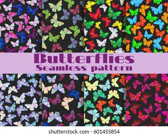 Seamless patterns with butterflies. Set of backgrounds with polygonal butterflies. Vector illustration