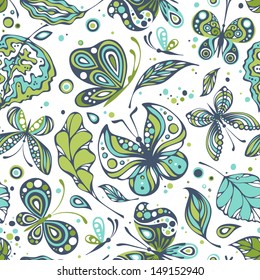 Seamless patterns with butterflies. Various butterflies and leaves on white background.