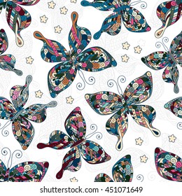 Seamless patterns with butterflies. Various pastel pink blue beige butterflies and flowers on white background.